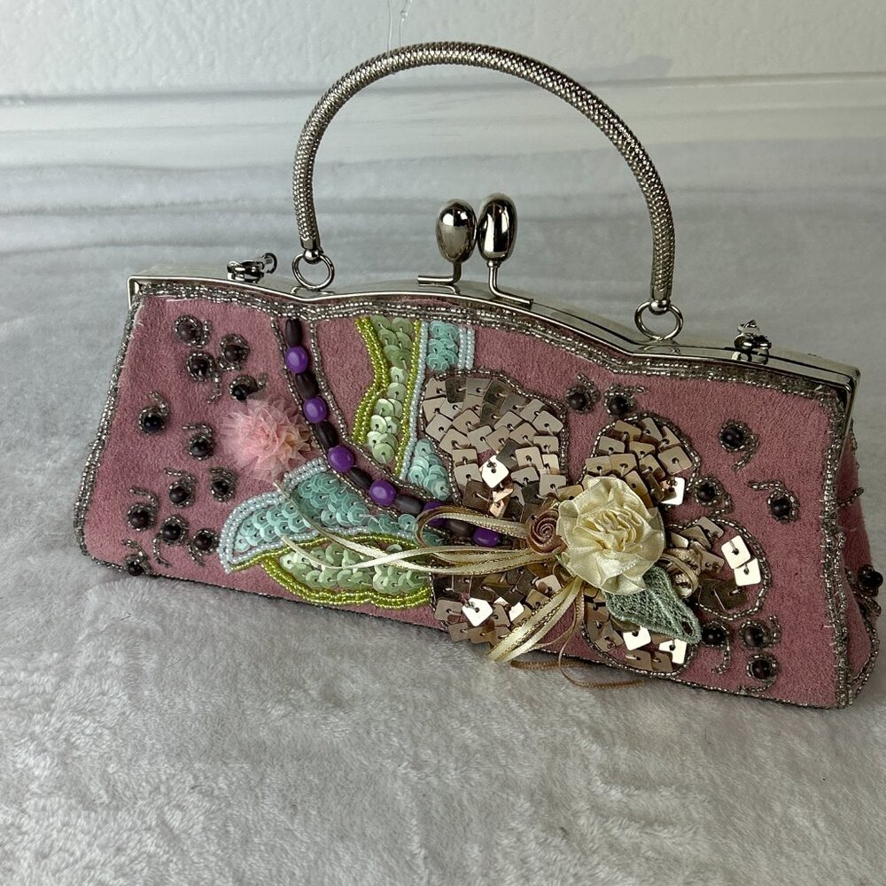 Vintage Pink Sequined Evening Clutch, Chain Strap Party Wedding Cocktail Bag